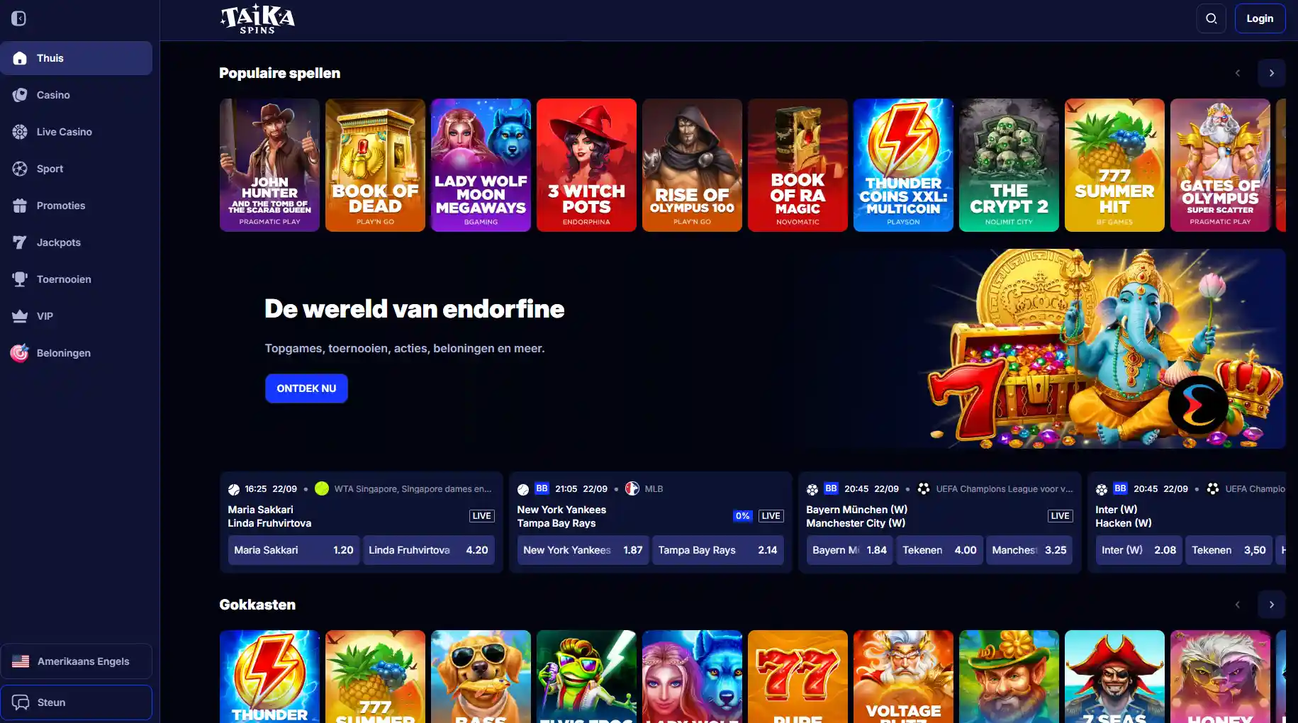 TaikaSpins-startpagina met merknaam en hoofdnavigatie