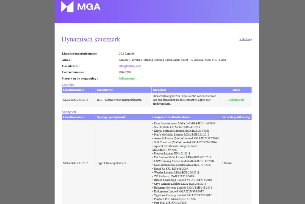 MGA-register voor L.C.S Limited met vergunning MGA/B2C/233/2013 en taikaspins.com bij de website-URL