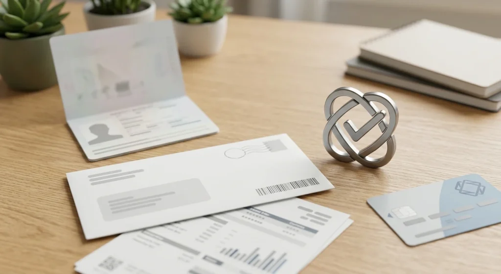 Neutrale illustratie van identiteitsverificatie met identiteitsbewijs, adresbewijs, betaalbewijs en beveiligde controle zonder persoonsgegevens