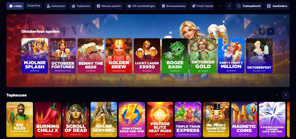 TaikaSpins casino-overzicht met spelcategorieën en aanbiedersblokken
