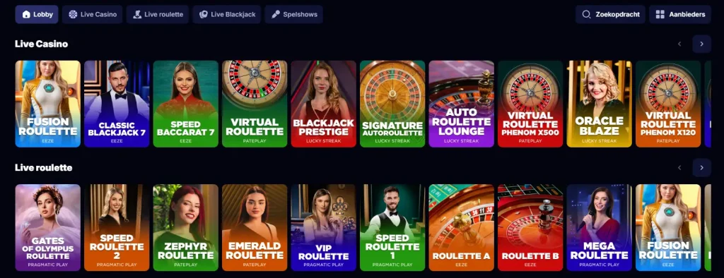 TaikaSpins livecasino-overzicht met live categorieën en aanbiedersblok