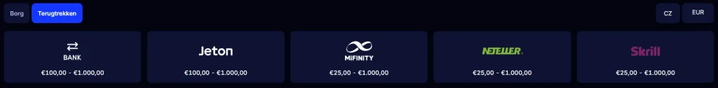 TaikaSpins-uitbetalingspagina met bank, Astropay, Jeton-portemonnee, digitale portemonnee en zichtbare EUR-limieten