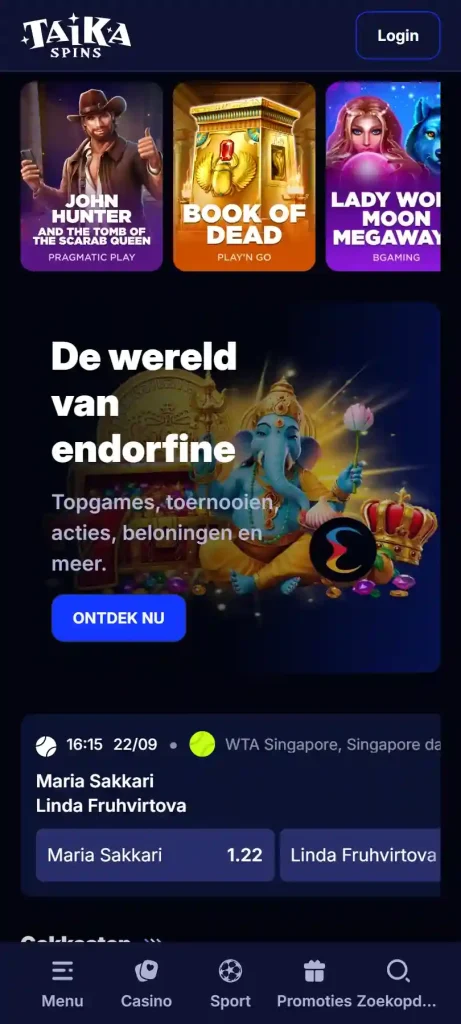 TaikaSpins-website in een website op een mobiel apparaat met responsieve navigatie